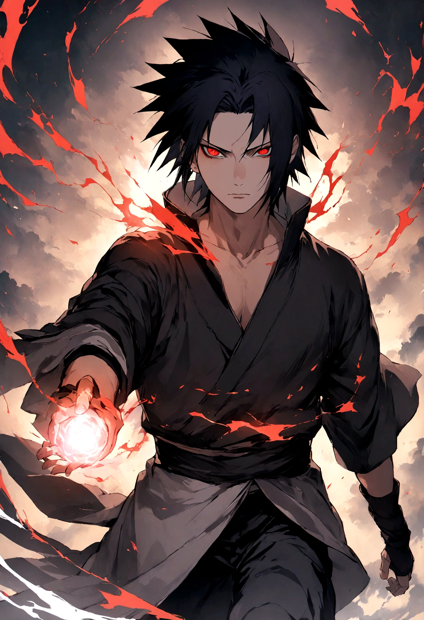 1 boy, Men's Center, sasuke uchiha,naruto, masterpiece, highest quality, so beautiful,、cool、、strongest、Evil Aura、Ninja、Blue light,Eyes glow red、Sharingan