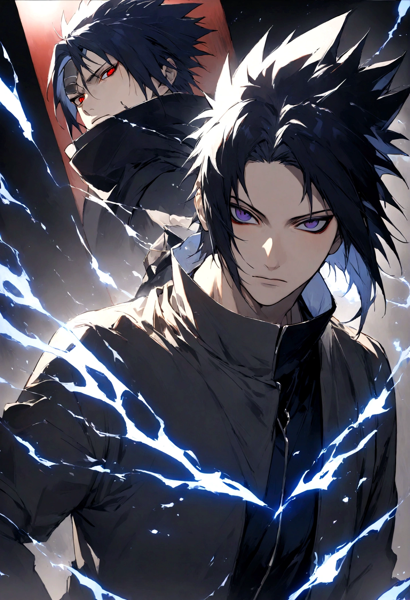 1 boy, Men's Center, sasuke uchiha,naruto, masterpiece, highest quality, so beautiful,、cool、、strongest、Evil Aura、Ninja、Blue light,Eyes glow red、Sharingan