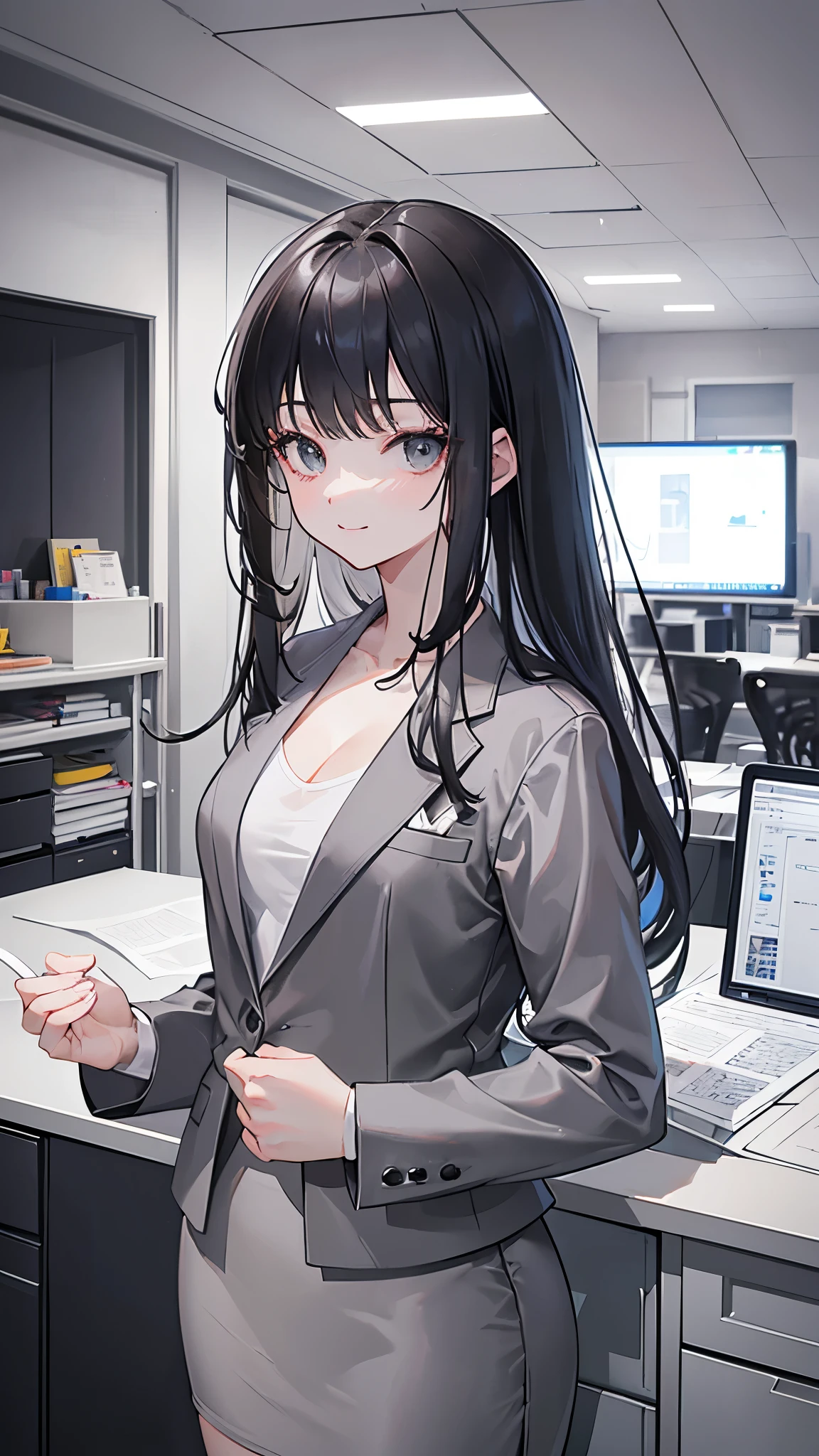 (8k、Best image quality、highest quality、masterpiece)、Detailed face、 1 girl、Black Hair、Long Hair、Diagonal bangs、smile、Moderate breasts、((Grey suit jacket:1.2))、(White T-shirt))、Cleavage、((Grey pencil skirt:1.2))、Cowboy Shot、office、((Dark Room:1.2))
