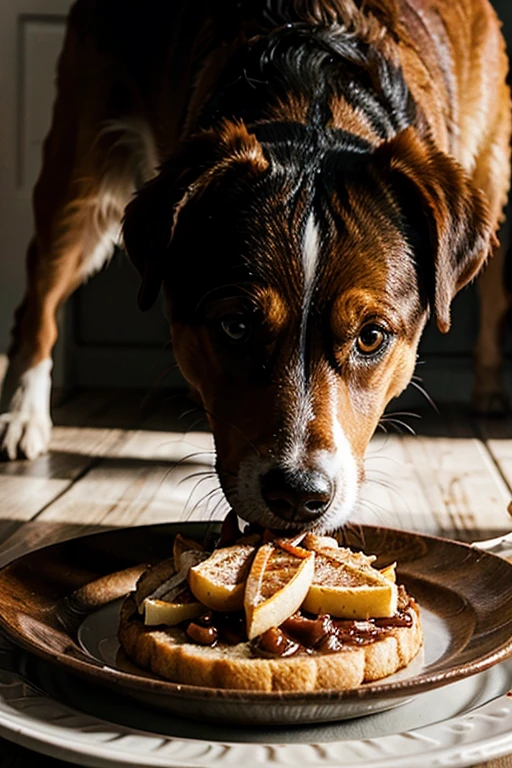 dog eating food on plate