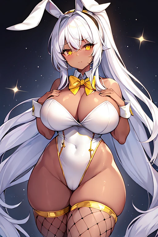 1girl, white hair, long hair, dark-skinned female, dark skin, yellow eyes, ???????, ????????????, bowtie, wide ????, thick thighs, fishnets, bunnysuit, leotard, white bunnysuit, shy, timid, wavy mouth, ponytail, yellow trim, fishnet, fishnet legwear, gold trim