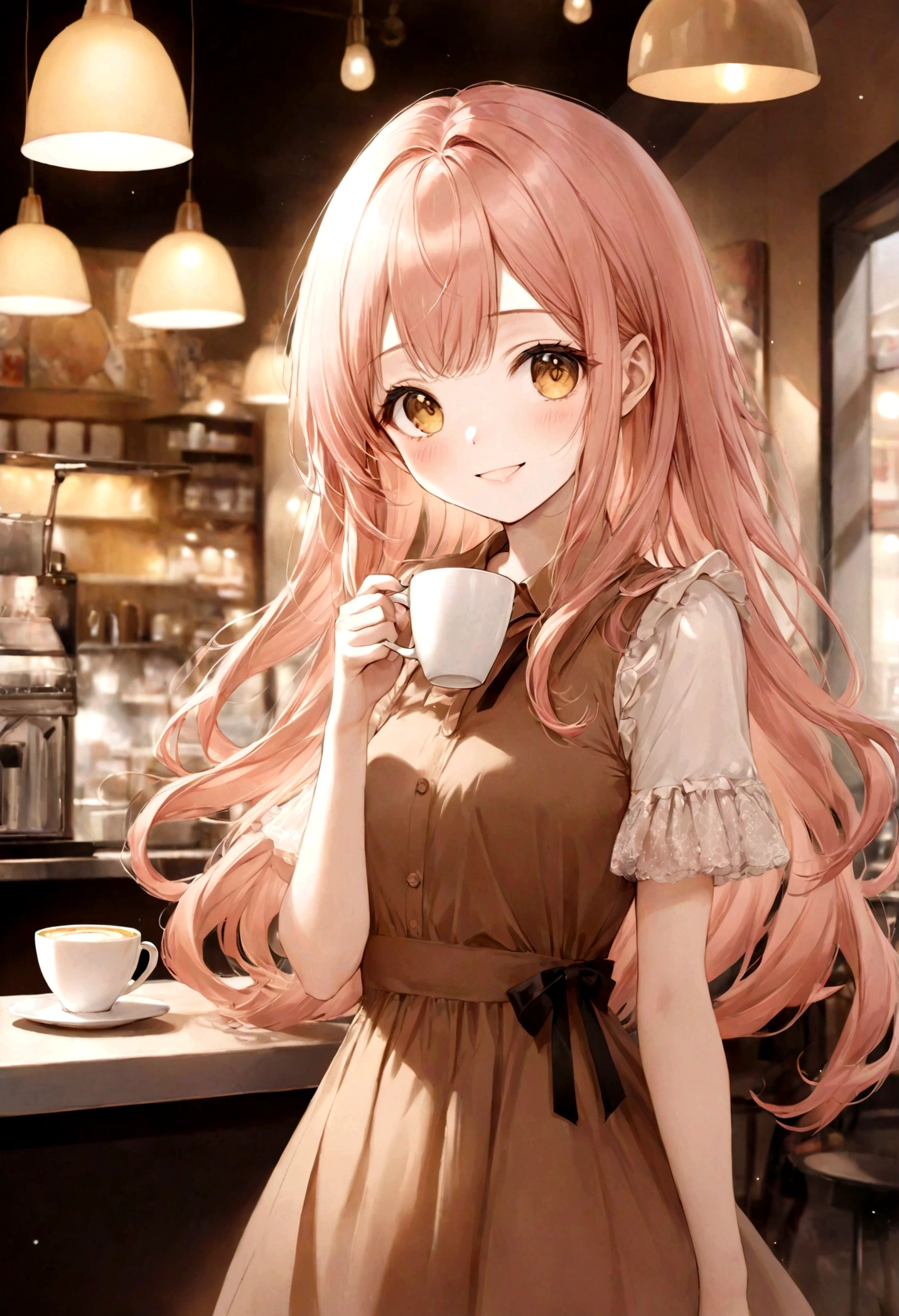 ((top-quality)), ((masterpiece)), ((ultra-detailliert)), (extremely delicate and beautiful), peach pink hair, long straight hair, golden eyes, pretty girl, innocent, pure, smiling, wearing cute caramel brown dress, coffee in hand, cafe background