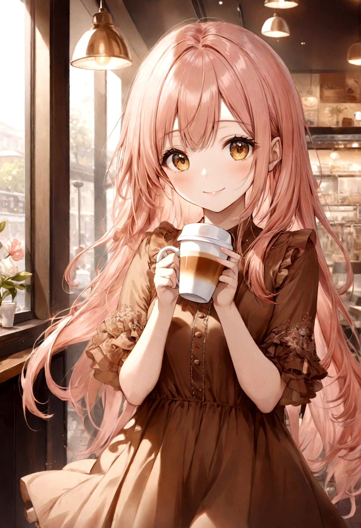 ((top-quality)), ((​masterpiece)), ((ultra-detailliert)), (extremely delicate and beautiful), peach pink hair, long straight hair, golden eyes, pretty girl, innocent, pure, smiling, wearing cute caramel brown dress, coffee in hand, cafe background