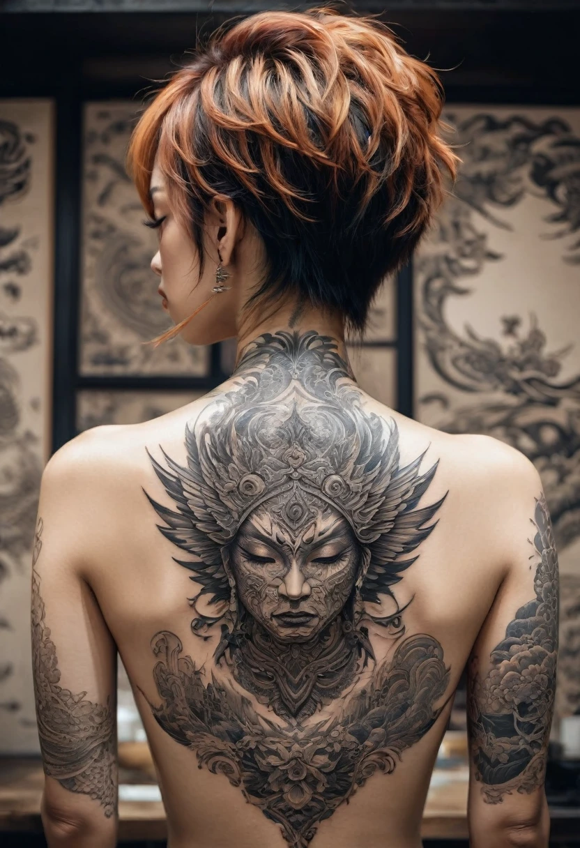 neck Tattoo, upbody, backview, from above, detailed background, by Tsukasa Hojo, best quality, masterpiece, very aesthetic, perfect composition, intricate details, ultra-detailed