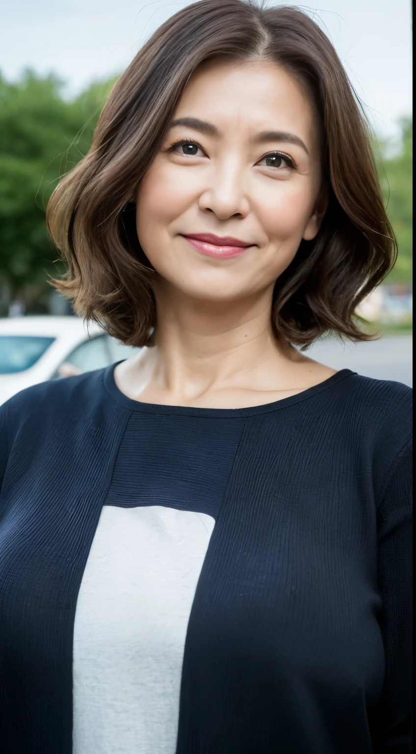 ((highest quality, 8k, masterpiece, Portraiture: 1.3)), (View Audience), Photorealism, Sharp focus, alone, In the parking lot after shopping, beauty,Wavy Hair, Wrinkles around the eyes, For emphasis, ((Big Breasts:1.3))),,50 years old, Carly, Wrinkled eyes,