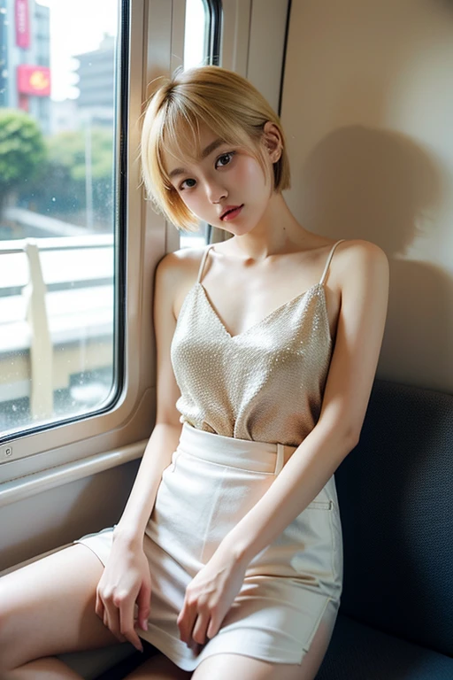 pose of 25 yo woman, dark blonde bob cut short hair, slim latinas sweetheart), (freckles:0.9), (full lips) close, (yelloreen) eyes, POV, realistic[:, (film grain, 25mm, f/1.2, dof, bokeh, beautiful symmetrical face, perfect sparkling eyes, well defined pupils, high contrast eyes, ultra detailed skin, skin pores, vellus hair, fabric stitching, fabric texture, wood grain, stone texture, finely detailed features:1.2 , waist up pose , upper knees pose , inside modern exclusive living room 