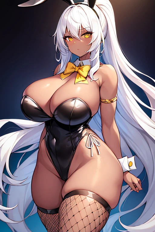 1girl, white hair, long hair, dark-skinned female, dark skin, yellow eyes, breasts, huge breasts, bowtie, wide hips, thick thighs, fishnets, bunnysuit, leotard, white bunnysuit, shy, timid, wavy mouth, ponytail, yellow trim, fishnet, fishnet legwear, gold trim