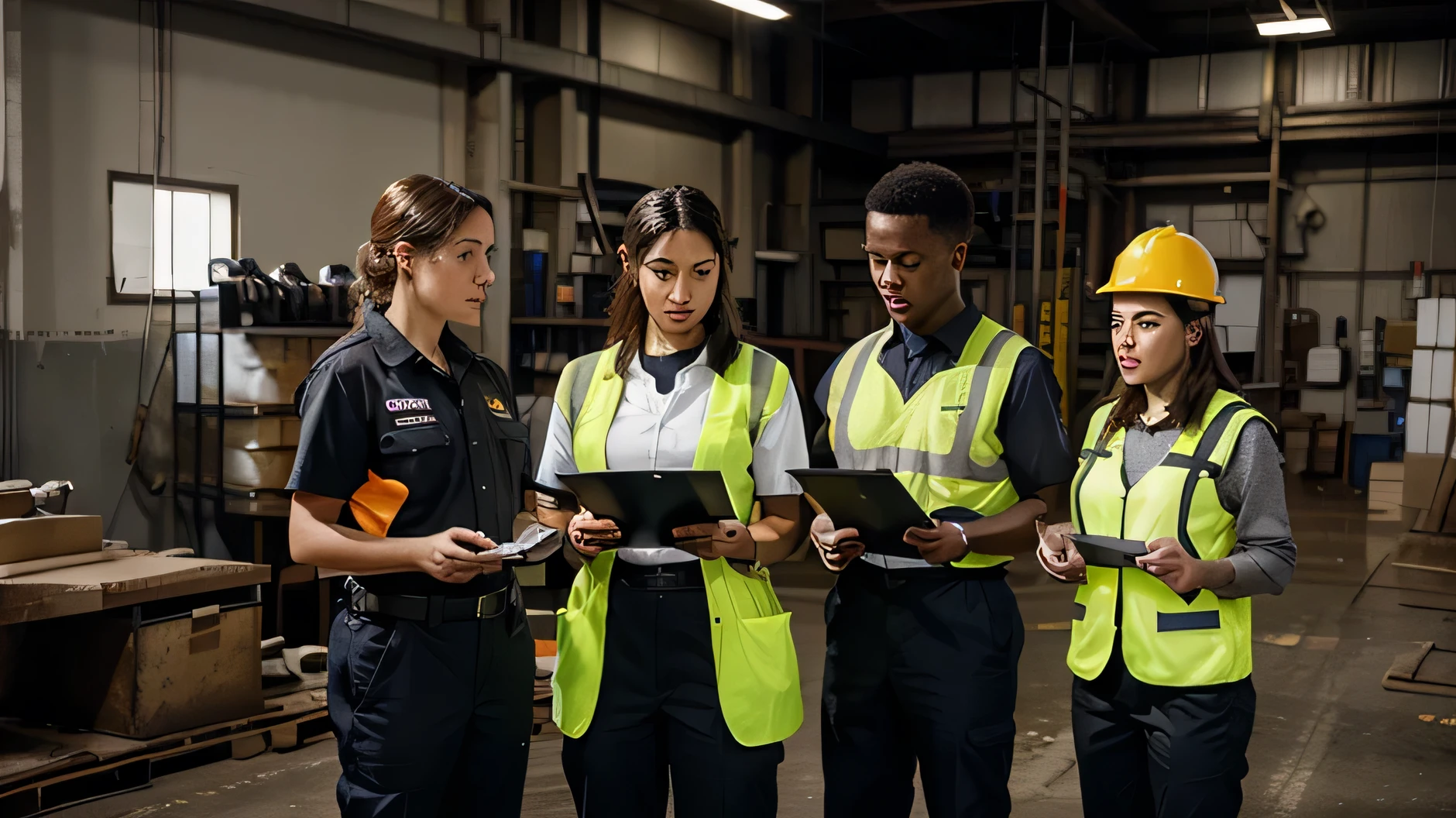 Create a high-quality, realistic image with advanced details showing a team of occupational safety technicians in uniform in an industrial environment. Include the following elements:
An industrial setting with heavy machinery and equipment in the background.
The team should be in uniform, wearing helmets, safety goggles, gloves, high-visibility vests, and safety boots.
The team should be diverse, including Black members and women.
Show the team engaged in various activities, such as checking checklists, inspecting equipment, and guiding workers.
Additional details like clipboards, tablets, or measuring devices should be present.
The facial expressions and postures of the members should convey concentration, cooperation, and professionalism.
The lighting should highlight the features of the technicians and the details of the uniforms and equipment, creating a professional and organized appearance.
Ensure the image is highly realistic, capturing the authenticity and details of the industrial environment and the team.