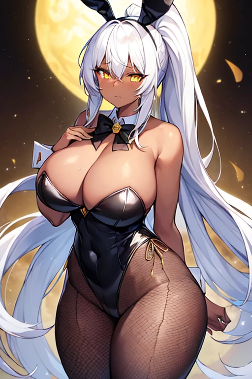 1girl, white hair, long hair, dark-skinned female, dark skin, yellow eyes, breasts, huge breasts, bowtie, wide hips, thick thighs, fishnets, bunnysuit, leotard, white bunnysuit, shy, timid, wavy mouth, ponytail, fishnet, fishnet legwear, gold trim