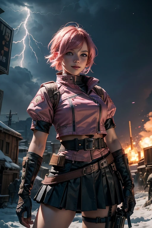 1girl,cowboy shot, beautiful nora_valkyrie, looking at viewer, smile, short hair, blue eyes, heart cutout, gloves, jacket, pink skirt, pink belt, short sleeves, puffy sleeves, single armband, fingerless gloves, short hair, orange hair, pink gloves, dynamic pose, night, (lightning), standing on old suspension bridge, river, post-apocalypse, dystopian future, crowd, (crowd in military uniforms), snow, bonfires, (volumetric lighting), best quality, masterpiece, intricate details, tonemapping, sharp focus, hyper detailed, trending on Artstation,