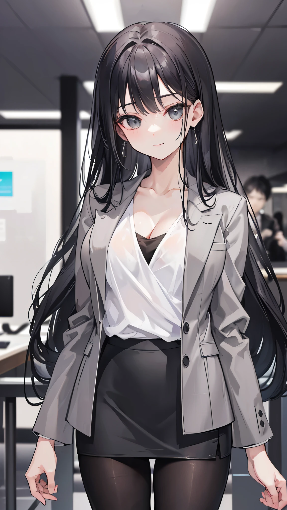 (8k、Best image quality、highest quality、masterpiece)、Detailed face、 1 girl、Black Hair、Long Hair、Diagonal bangs、smile、Moderate breasts、((Grey suit jacket:1.2))、(White T-shirt))、Cleavage、((Grey pencil skirt:1.2))、((black pantyhose))、Cowboy Shot、Office Background
