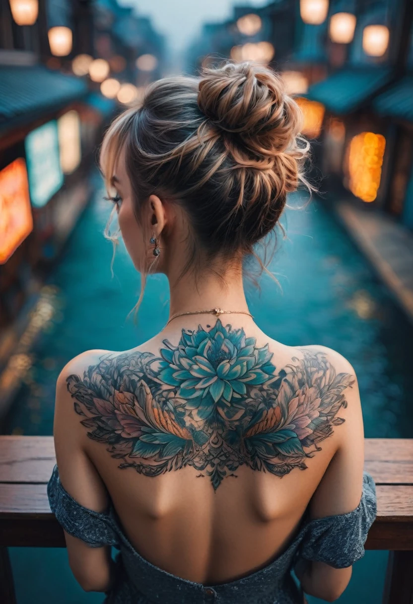 neck Tattoo, upbody, backview, from above, detailed background, by Tan_Yin and Brandon Woelfel, best quality, masterpiece, very aesthetic, perfect composition, intricate details, ultra-detailed