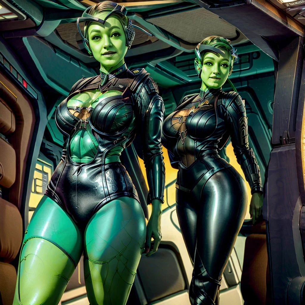 ((trekborg borg)) Detailed photography. muscular athletic Star Trek Captain D' Vana Tendi and her lover tawny_newsome , 25 years old, (((undressing))), taking off her skimpy Star Trek captains uniform bikini on the starship enterprise bridge. Lots of skin on show. latex, spandex, mesh, thong, High leg-line, high heels, plunging cleavage, cutouts, intricate choker, red, gold. Cleavage, Great thighs, large breasts, great ass, muscular body, dark red lipstick, detailed makeup, intricate makeup, eyeshadow, eyeliner. (((undressing))). Seductive lighting. Full length shot, Risky Pose, seductive, looking into camera. Slight smile (((green skin))) borg