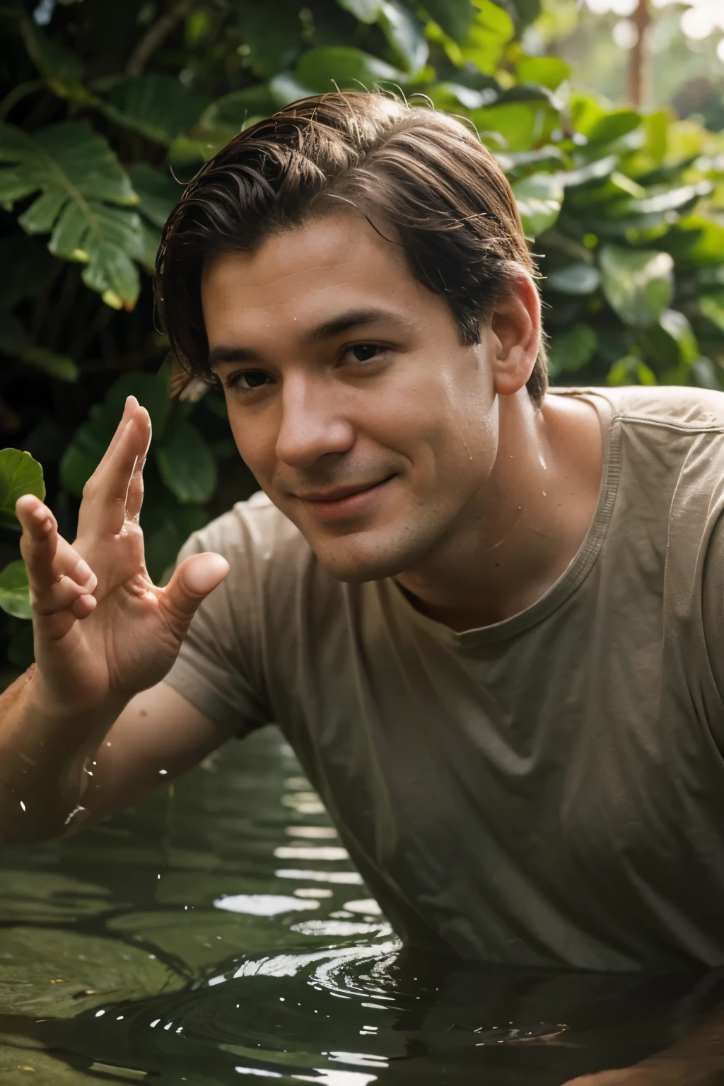 Close-up of a , John, playing in the water and waving to a snail.*
