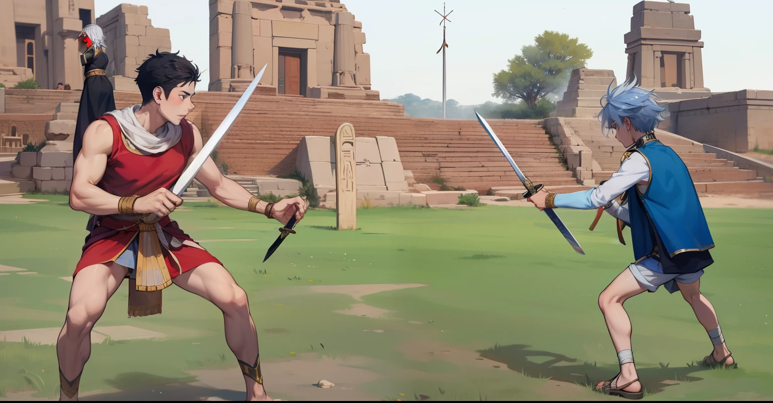 There are two cute boys with swords about to start the battle. They have white hair. 17 years old. Ancient Egyptian costume.