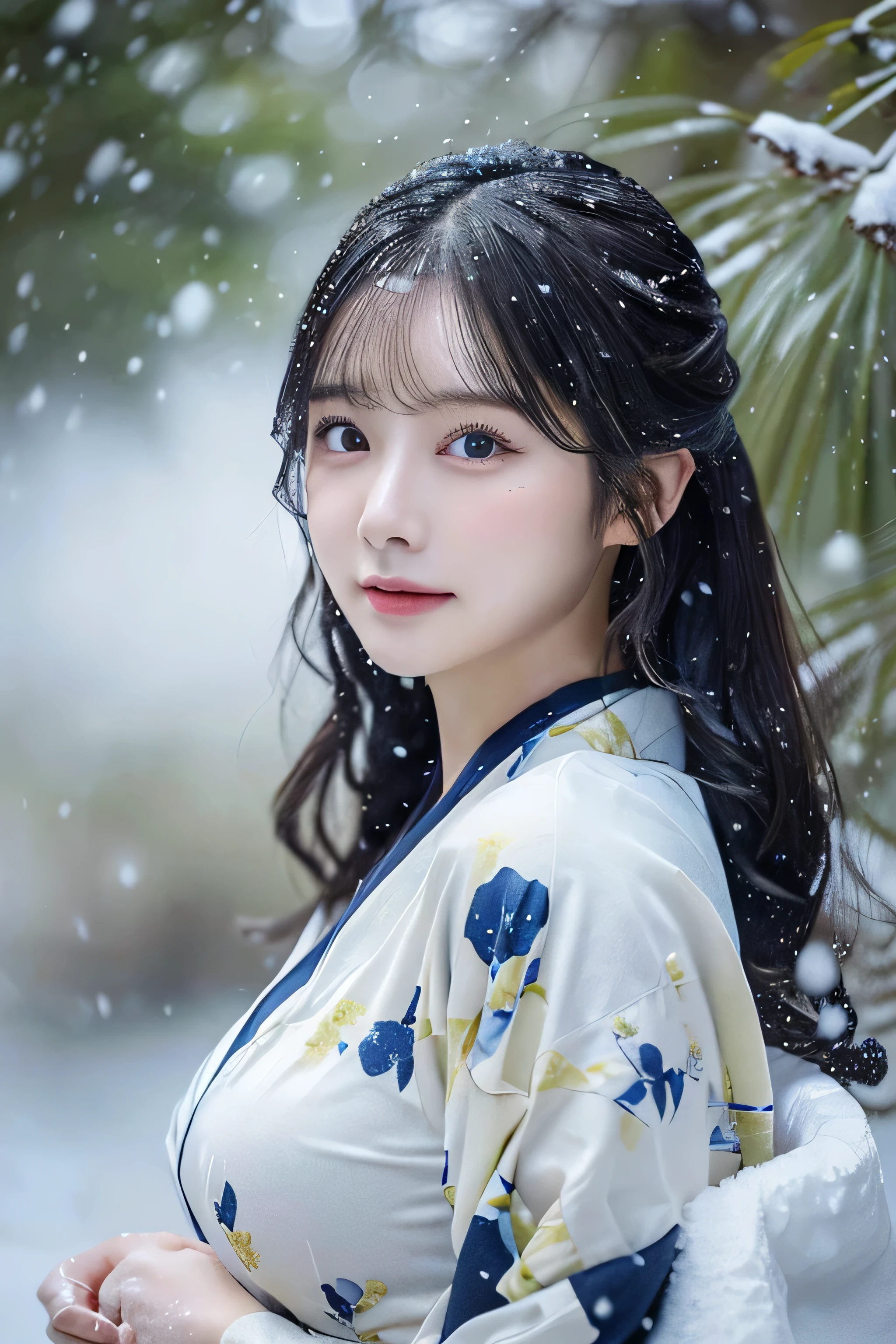 (Kimono)、、(top-quality,masterpiece:1.3,超A high resolution,),(ultra-detailliert,Caustics),(Photorealsitic:1.4,RAW shooting,)Ultra-realistic capture,A highly detailed,high-definition16Kfor human skin、 Skin texture is natural、、The skin looks healthy with an even tone、 Use natural light and color,One Woman,japanes,,kawaii,A dark-haired,Middle hair,(depth of fields、chromatic abberation、、Wide range of lighting、Natural Shading、)、、(Falling snow:1.3)、(Hair swaying in the wind:1.3)、(Snow reflects light:1.3) 、(Large Breasts:1.3)、