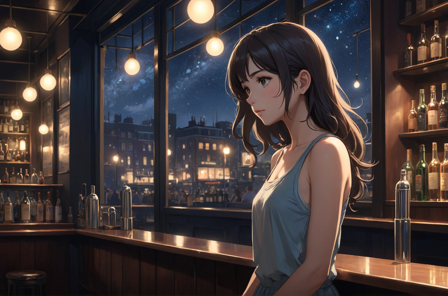 Uses Makoto Shinkai&#39;The depiction is perfect,Julia Roberts portrait,8k 4k masterpiece photo ,Milan,Glass ceiling jazz bar,I can see the twinkling stars through the glass window.,that&#39;Outside in the dark night,Jazz is playing,profile,The protagonist is standing on the right side of the screen.,Beautiful profile,Semi-long hair,Look in a different direction,Standing alone at the counter,Silver grey tank top dress,Bust is medium large