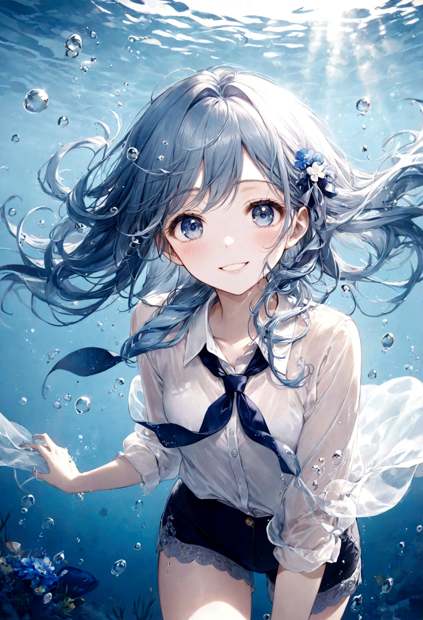 (top-quality)), ((masterpiece)), ((ultra-detailliert)), (extremely delicate and beautiful), bright sky blue hair, watery hair, bright sapphire eyes, fair skin, beautiful woman, sheer white shirt, sheer silky navy blue shorts, navy blue ribbon tie, pearl decorations, underwater world, cold background, air bubbles, water bubbles, underwater, sweet smile, relaxed expression, delicate wavy long hair, blue and white flowers in the water
