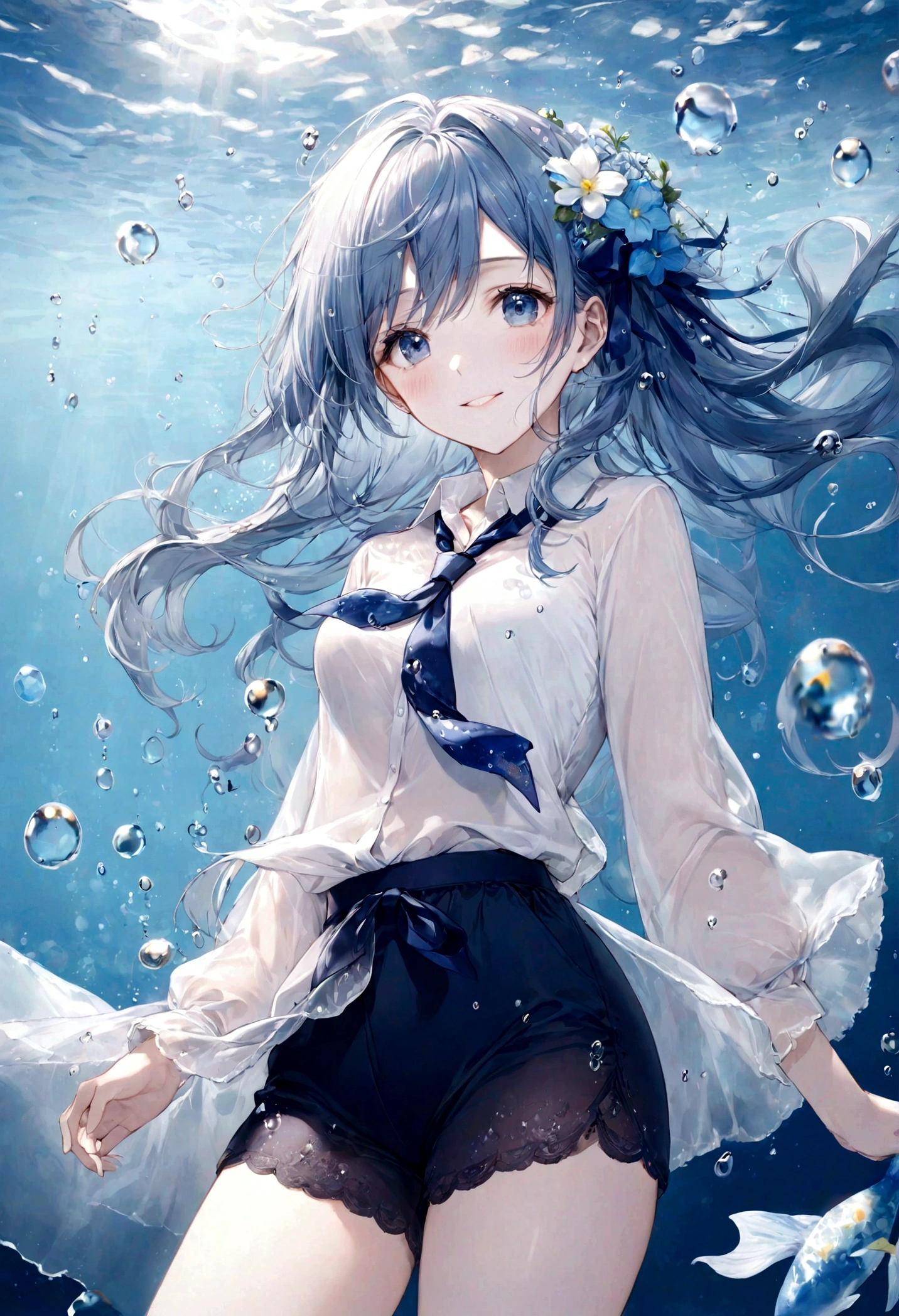 (top-quality)), ((​masterpiece)), ((ultra-detailliert)), (extremely delicate and beautiful), bright sky blue hair, watery hair, bright sapphire eyes, fair skin, beautiful woman, sheer white shirt, sheer silky navy blue shorts, navy blue ribbon tie, pearl decorations, underwater world, cold background, air bubbles, water bubbles, underwater, sweet smile, relaxed expression, delicate wavy long hair, blue and white flowers in the water