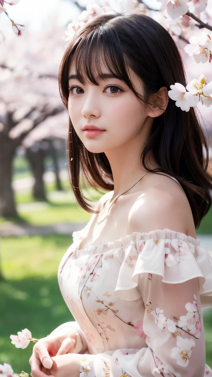 (logo、masterpiece、8k、Tabletop、RAW Photos、wonderful、最high quality、フォトリアリスティックでVery detailedな CG 統合 8k 壁紙、high quality、Very detailed、narrative poem、Particle Effects、Dynamic Effects、Depth of written boundary、Cinematic Light、Lens flare、Ray Tracing)、Fantasy、 (1 beauty、dress、dress、Cherry blossom pattern、Black-haired、Beautiful Face、True Face、Beautiful details、eye、Beautiful Skin)、髪がWindで踊る、Hair flutters in Wind、Hair bounces、Pink cherry blossom tree、Petals flutter、SakuraFubuki、wonderful景色、Morning Glow、Sun in the background、Wind、
