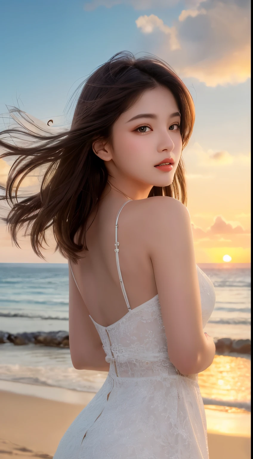 Mustepiece, top quality, illustration, ultra-definition, fine details, high resolution, 8K wallpaper, perfect dynamic composition, beautiful detailed eyes, wearing a dress, natural color lips, beach, random cute pose, perfect and beautiful face , cute, sexy face, sunset, feminine face