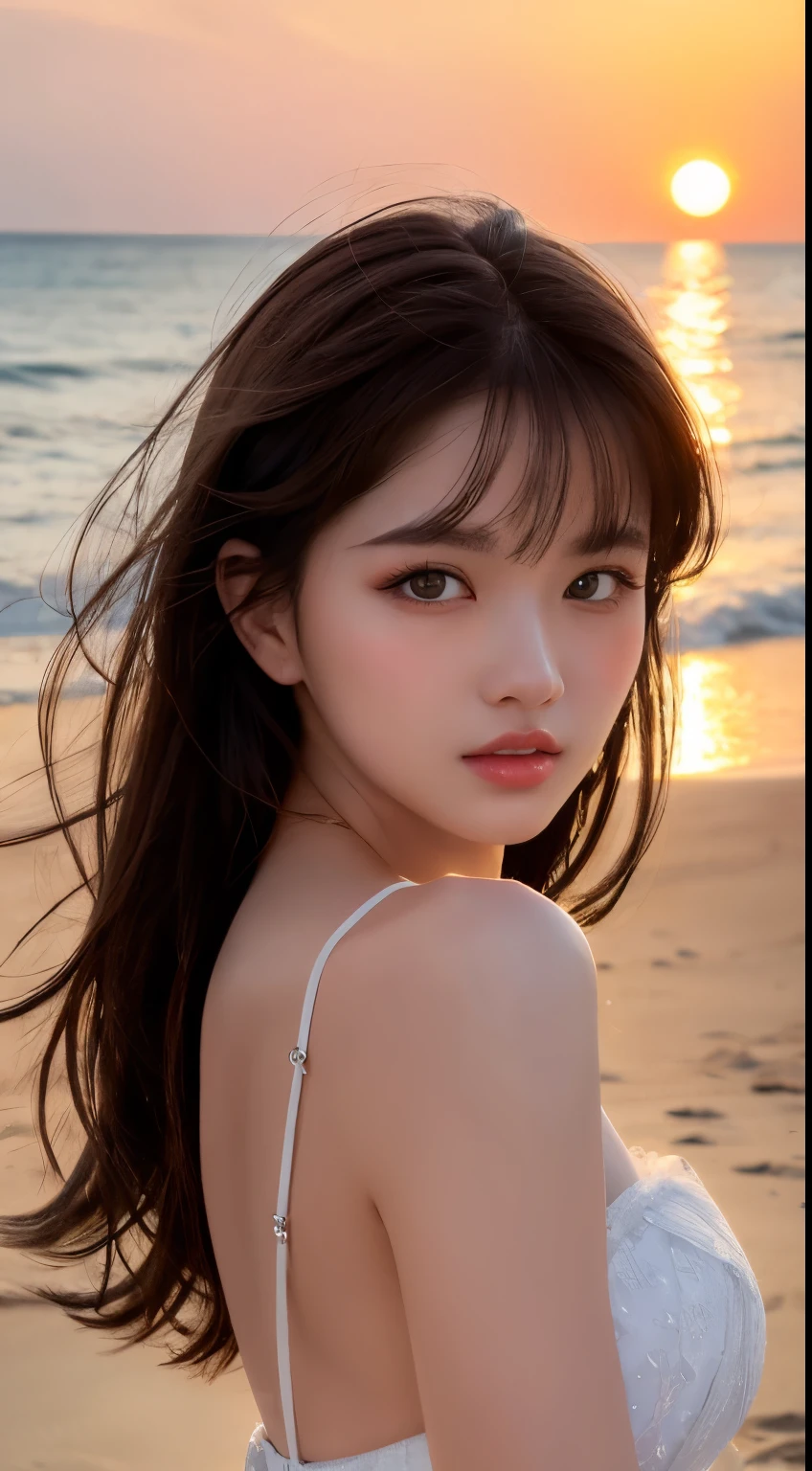 Mustepiece, top quality, illustration, ultra-definition, fine details, high resolution, 8K wallpaper, perfect dynamic composition, beautiful detailed eyes, wearing a dress, natural color lips, beach, random cute pose, perfect and beautiful face , cute, sexy face, sunset, feminine face