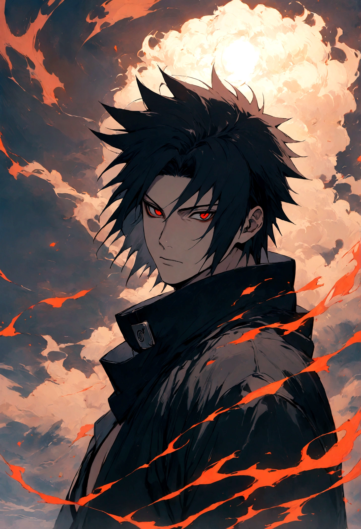 1 boy, Men&#39;s Center, sasuke uchiha,naruto, masterpiece, highest quality, so beautiful,、cool、、strongest、Evil Aura、Ninja、Blue light,Eyes glow red、Sharingan、Indra