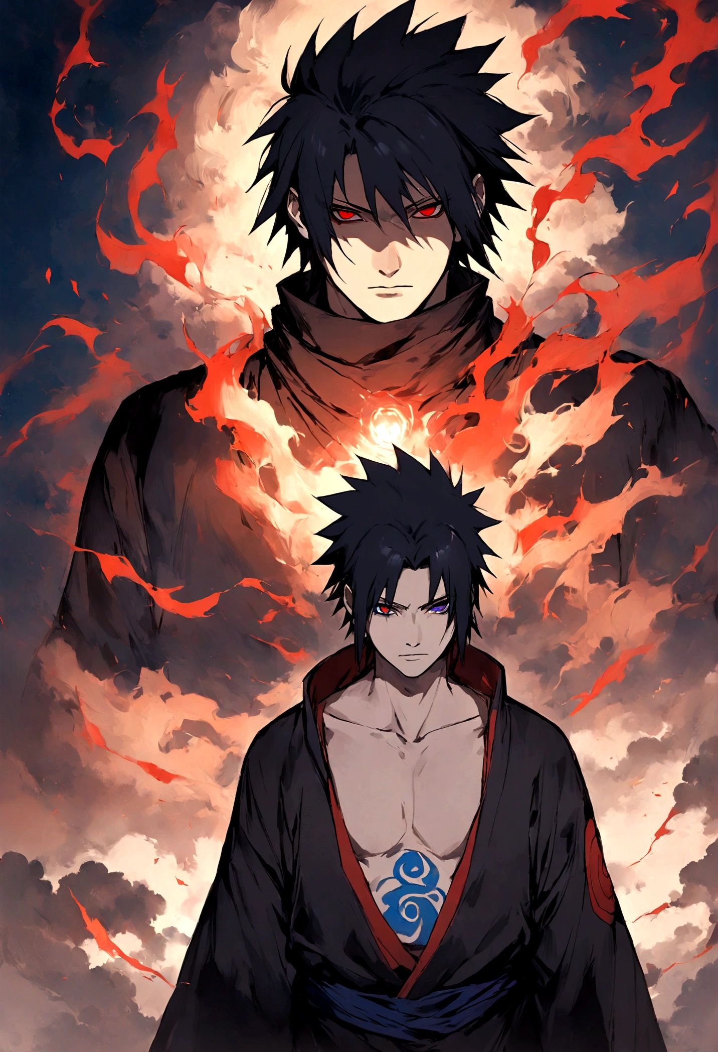 1 boy, Men's Center, sasuke uchiha,naruto, masterpiece, highest quality, so beautiful,、cool、、strongest、Evil Aura、Ninja、Blue light,Eyes glow red、Sharingan、Indra