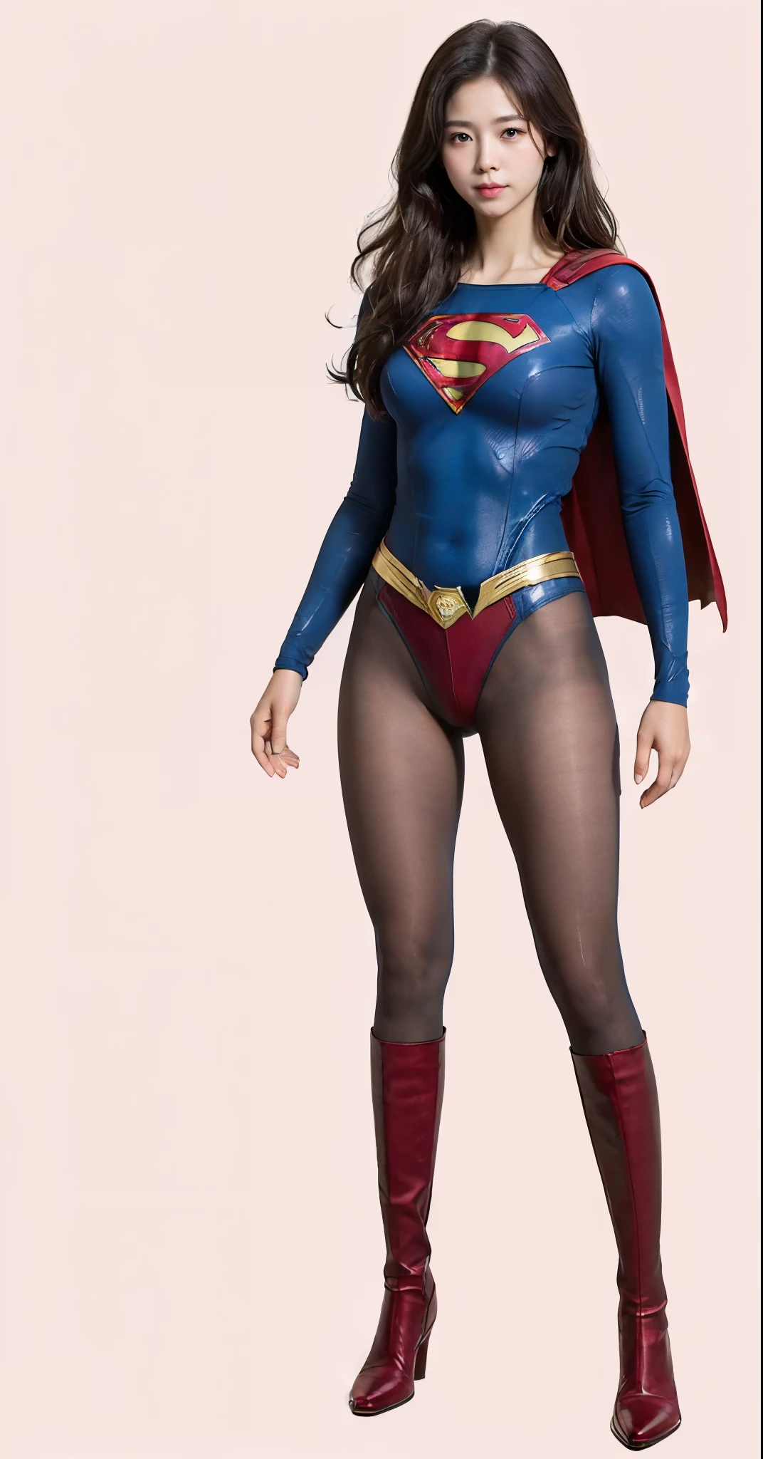 No background、(((Beautiful legs in black tights.)))、(((Legally express the beauty of your smile)))、((((Make the most of your original images)))、(((Supergirl Costume)))、(((Beautiful hairstyle)))、(((suffering)))、(((Please wear black tights....、Wear red boots)))、((Best image quality、8k))、((highest quality、8k、masterpiece:1.3))、(((Preserve background )))、Sharp focus:1.2、Beautiful woman with perfect figure:1.4、Slim Abs:1.2、Wet body:1.5、Highly detailed face and skin texture、8k