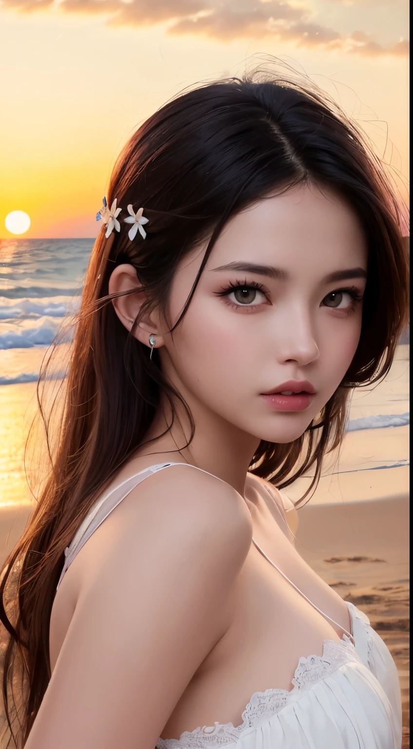 Mustepiece, top quality, illustration, ultra-definition, fine details, high resolution, 8K wallpaper, perfect dynamic composition, beautiful detailed eyes, wearing a dress, natural color lips, beach, random cute pose, perfect and beautiful face , cute, sexy face, sunset, feminine face