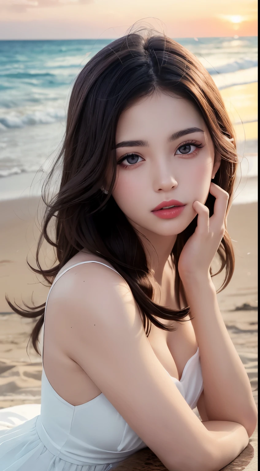 Mustepiece, top quality, illustration, ultra-definition, fine details, high resolution, 8K wallpaper, perfect dynamic composition, beautiful detailed eyes, wearing a dress, natural color lips, beach, random cute pose, perfect and beautiful face , cute, sexy face, sunset, feminine face