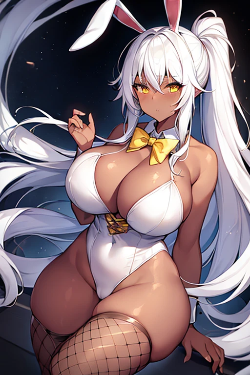 1girl, white hair, long hair, dark-skinned female, dark skin, yellow eyes, breasts, huge breasts, bowtie, wide hips, thick thighs, fishnets, bunnysuit, leotard, white bunnysuit, shy, timid, wavy mouth, ponytail, fishnet, fishnet legwear, gold trim