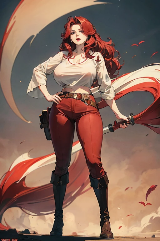 A redhead standing on the ground, wide hips, thin waist, beautiful full red lips, lush wavy hair, long torpedo shaped tits, brown pants, loose white pirate shirt, long riding boots