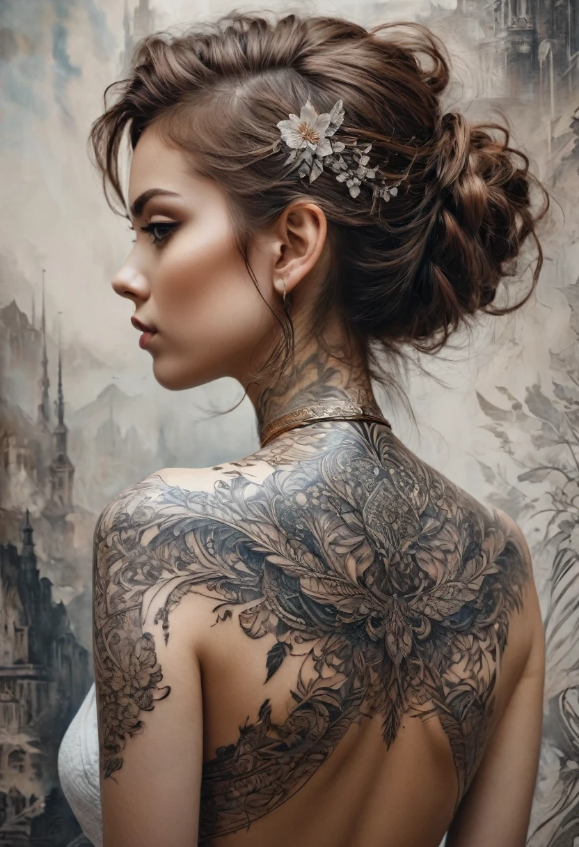 neck Tattoo, upbody, backview, from above, detailed background, by Karol_Bak, best quality, masterpiece, very aesthetic, perfect composition, intricate details, ultra-detailed