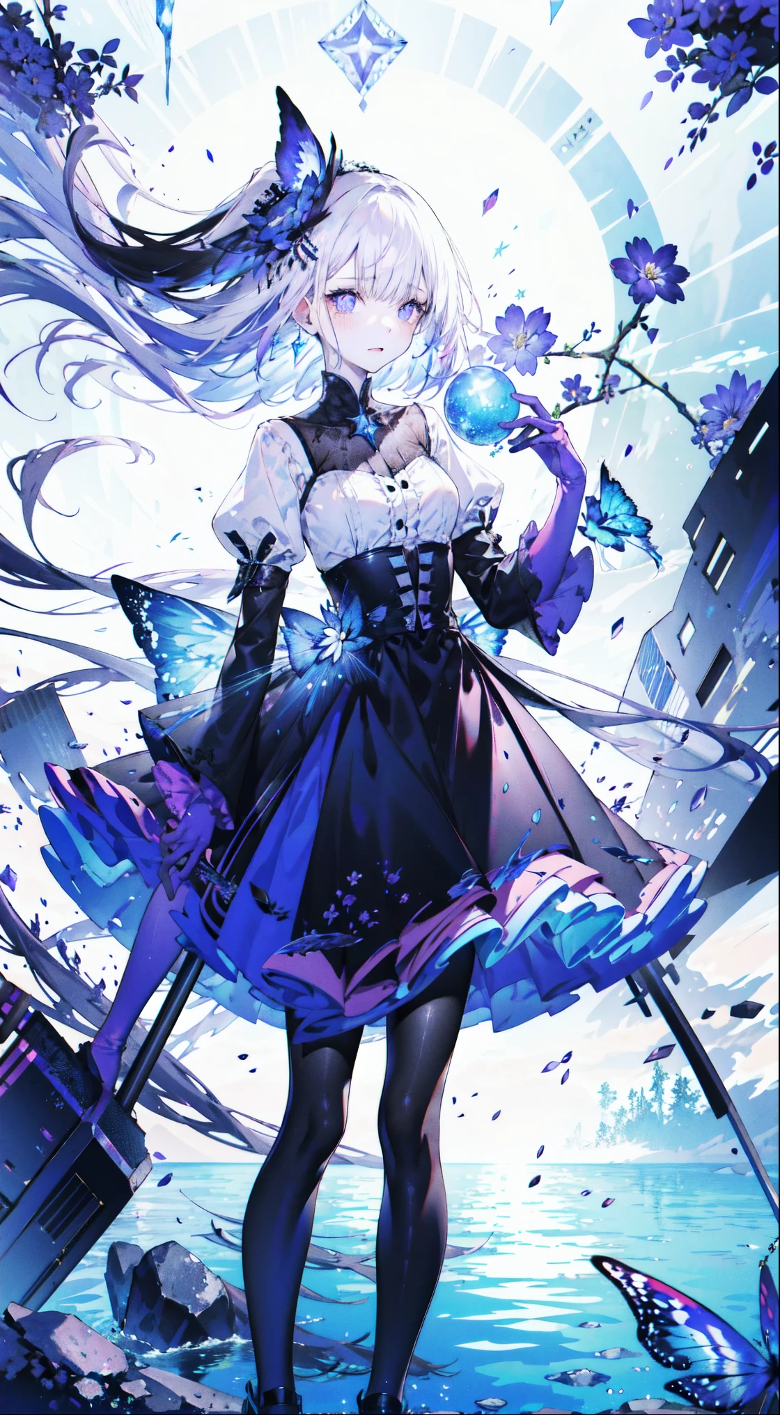 ((masterpiece:1.4,best quality)),(Super detailed),(Extremely detailed eyes),(black leggings,Shiny socks:1.5),Hello Darkness
(Cute girls),,(Blood-red pupils,Diamond-shaped pupil:1.15),Purple Eyeshadow,(elongated hair,Thick hair,Single ponytail,shiny hair:1.5)(Changes through:1.2),White skin,despair,sad,Empty eyes,tears streaming down my face,tilting its head to the side,kneel
(She wears blue armor,A blue dress,:1.5),(blue gloves:1.4)Very long plush sleeves,White,White Cloud,Dream bubbles ,Ice and glitter effects
(Black long skirt:1.1),
(dawn:1.2),
(Intense black and white:1.16),(Depth of Field:1.4),,Intricate details,(Castle in the Sky,Standing by the lake,Purple flowers by the lake)