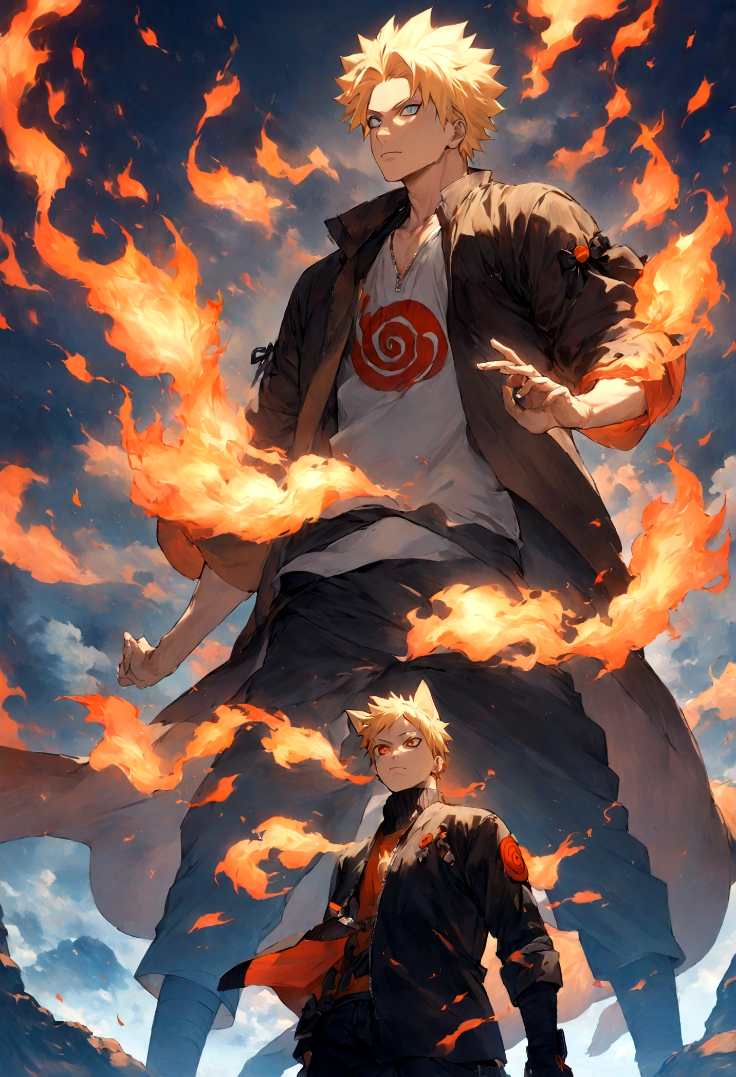 1 boy, Men&#39;s Center, naruto uzumaki,naruto, masterpiece, highest quality, so beautiful,、cool、、strongest、Fire Aura、Ninja、Flame Nine Tails、Red light、fox incarnation