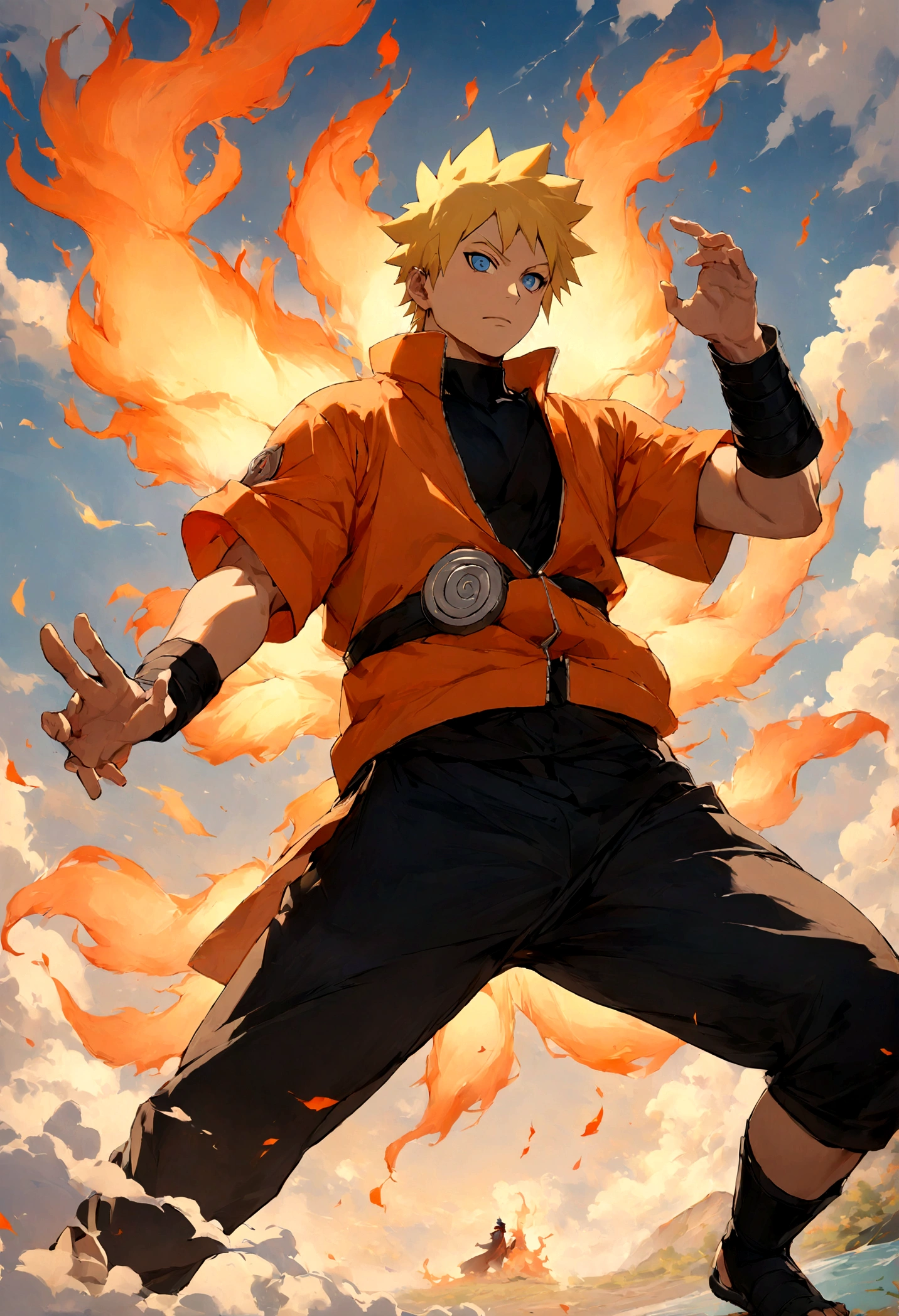 1 boy, Men's Center, naruto uzumaki,naruto, masterpiece, highest quality, so beautiful,、cool、、strongest、Fire Aura、Ninja、Flame Nine Tails、Red light、fox incarnation