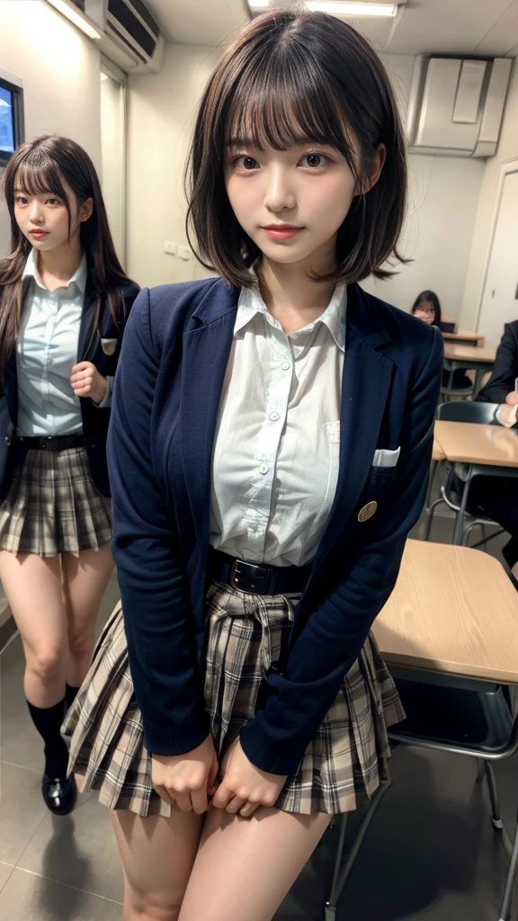 masterpiece, best quality, illustration, Super detailed, fine details, High resolution, 8K,wall paper, perfect dynamic composition,(Details High quality, realistic depiction of eyes:1.3), (wavy hair:1.2), High School Classroom、High school girl uniform、blazer 、Super Short Check Uniform Skirt、Navy blue high socks、garterbelts、Colossal tits、Disturbed uniform, short bob hair, black hair color, large breasts, Big Natural Color Lip, bold sexy pose, (perfect body shape), crying a little、Harajuku style、20 year old girl、cute type, beautiful legs, hposing Gravure Idol, Voluptuous thighs, Accurate anatomy、Ultra-high definition beauty face、Ultra HD Hair、Ultra HD The Shining Eyes、The Shining, Super high quality beautiful skin、Super high quality glossy lip