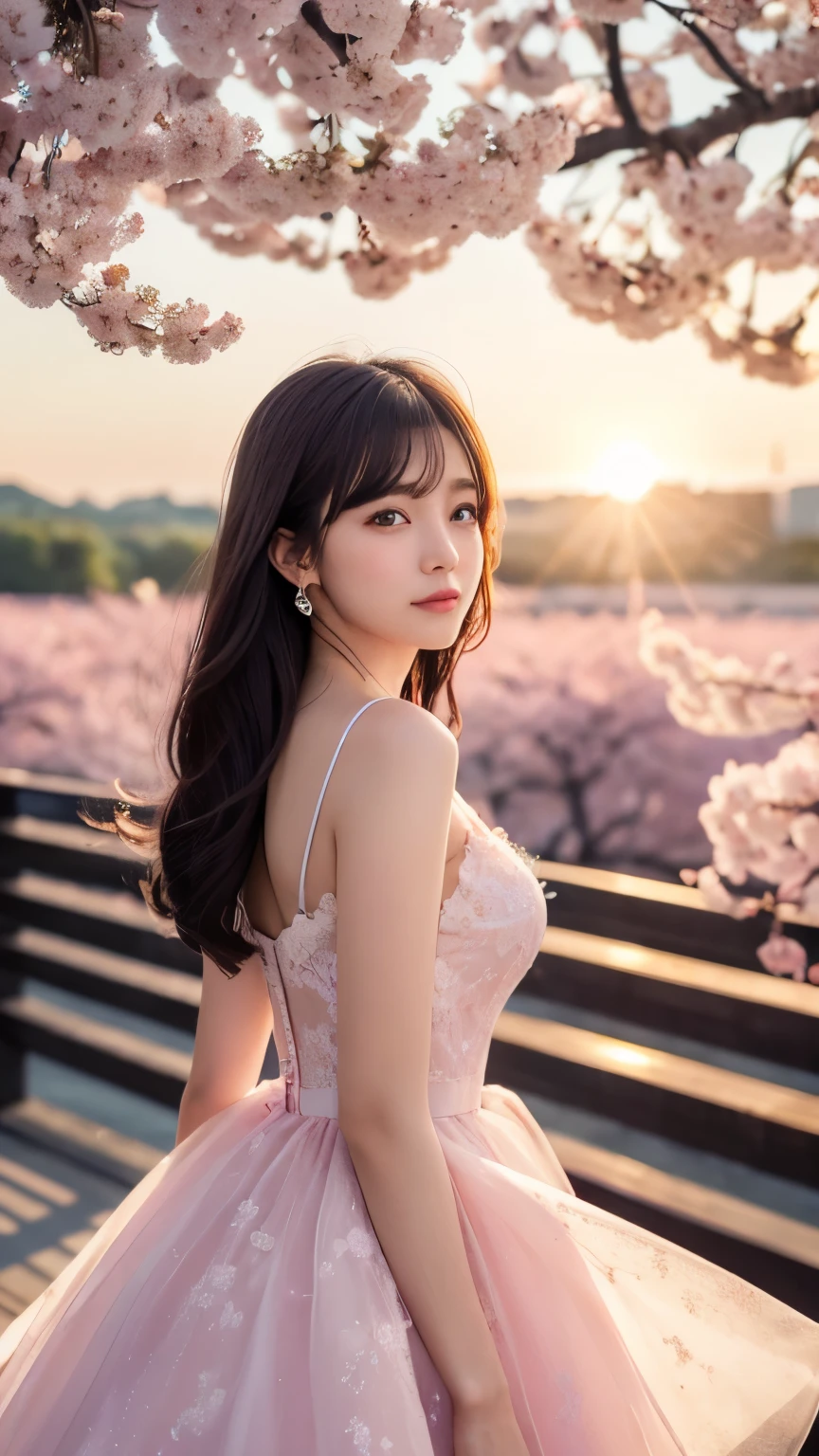 (logo、masterpiece、8k、Tabletop、RAW Photos、wonderful、最high quality、フォトリアリスティックでVery detailedな CG 統合 8k 壁紙、high quality、Very detailed、narrative poem、Particle Effects、Dynamic Effects、Depth of written boundary、Cinematic Light、Lens flare、Ray Tracing)、Fantasy、 (1 beauty、dress、dress、Cherry blossom pattern、Black-haired、Beautiful Face、True Face、Beautiful details、eye、Beautiful Skin)、髪がWindで踊る、Hair flutters in Wind、Hair bounces、Pink cherry blossom tree、Petals flutter、SakuraFubuki、wonderful景色、Morning Glow、Sun in the background、Wind、