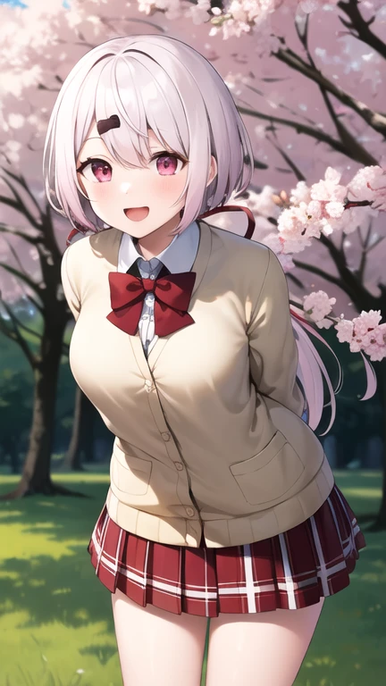 masterpiece, best quality, highres, Shiina Yuika, vey long hair, gradient hair, pink hair, white hair, low ponytail, hair ribbon, hairclip, red bow, brown cardigan, long sleeves, sleeves past wrists, pleated skirt, red skirt, plaid skirt, , arms behind back, standing, leaning forward, smile, open mouth, outdoors, cherry blossoms,