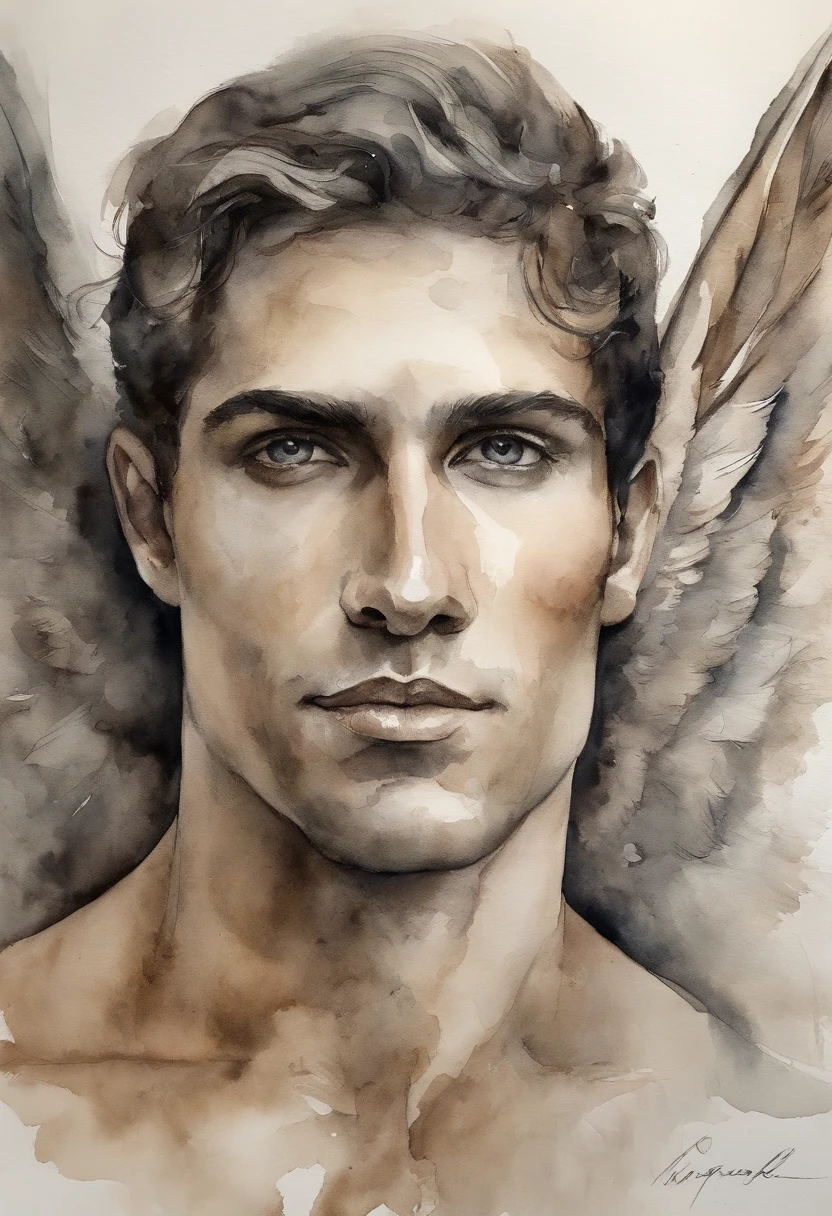 A zoomed in view of a handsome and sexy young man with angel wings , capturado em cores , his eyes looking directly at the viewer with an intense expression, his features etched with a sense of mystery and allure, cercado por tufos de neblina, adding an ethereal touch, Escultura, Homen sexy Bonito atletico beleza italiana angelical com asas e plumas . Aquarela tinta pintura. Textura de tintas aquarela pingos e respingos de tinta