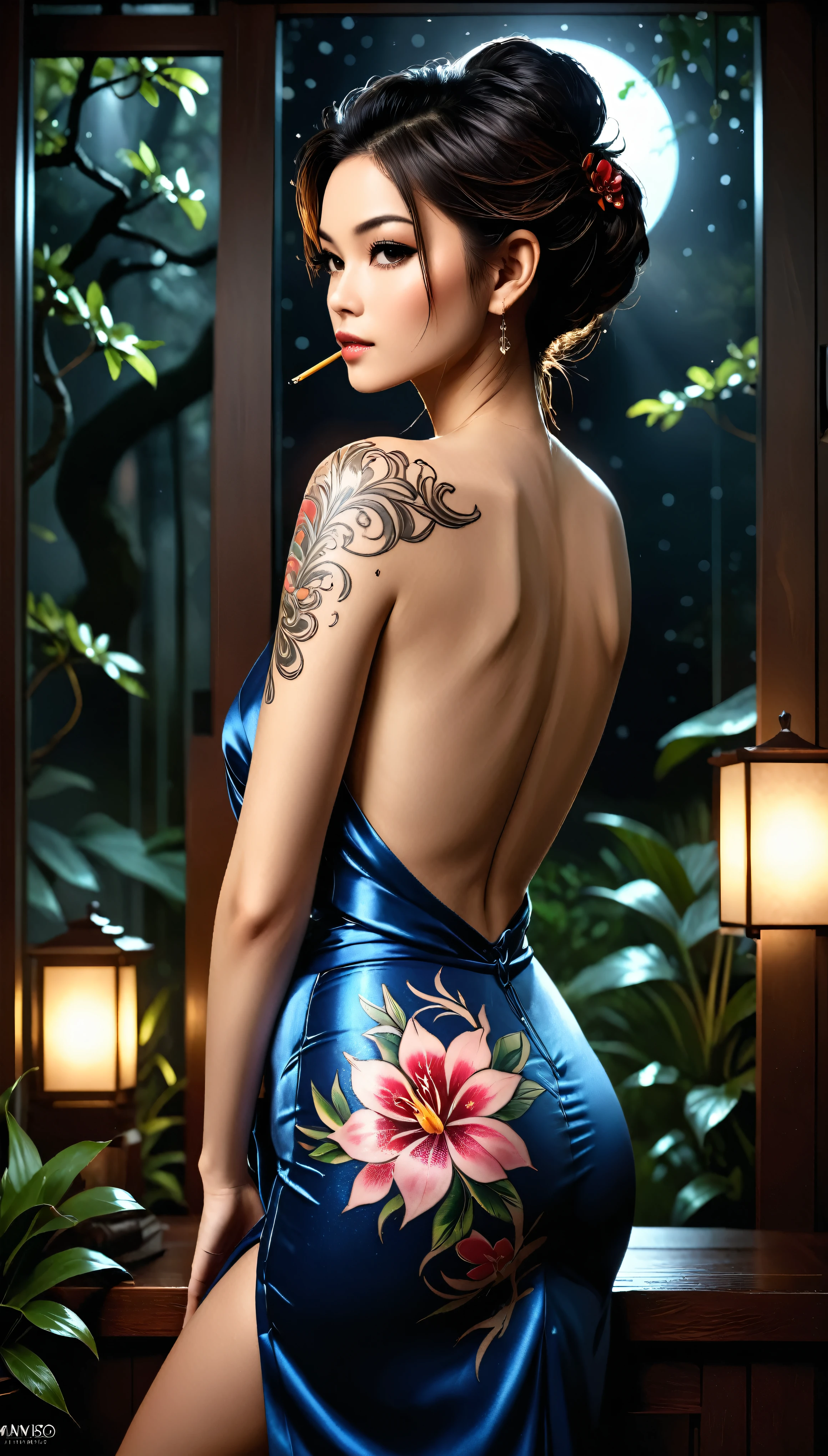 ((Masterpiece in maximum 16K resolution):1.6),((soft_color_photo):1.5), ((Ultra-Detailed):1.4),((Movie-like still images and dynamic angles):1.3),((view from her back):1.3) | (macro photo of stunning yakuza style tattoo in a very pretty Yakuza female back), (Very Pretty Yakuza female), (open back kimono), ((a stunning yakuza style tattoo in her back):1.3), (focus on the tattoo), (macro lens), (japanese garden), (dim night light), (tyndall effect), (Dark Beauty atmosphere), (shimmer), (mysterious ambience), (visual experience),(Realism), (Realistic),award-winning graphics, dark shot, film grain, extremely detailed, Digital Art, rtx, Unreal Engine, scene concept anti glare effect, All captured with sharp focus. | Rendered in ultra-high definition with UHD and retina quality, this masterpiece ensures anatomical correctness and textured skin with super detail. With a focus on high quality and accuracy, this award-winning portrayal captures every nuance in stunning 16k resolution, immersing viewers in its lifelike depiction. | ((perfect_composition, perfect_design, perfect_layout, perfect_detail, ultra_detailed)), ((enhance_all, fix_everything)), More Detail, Enhance.