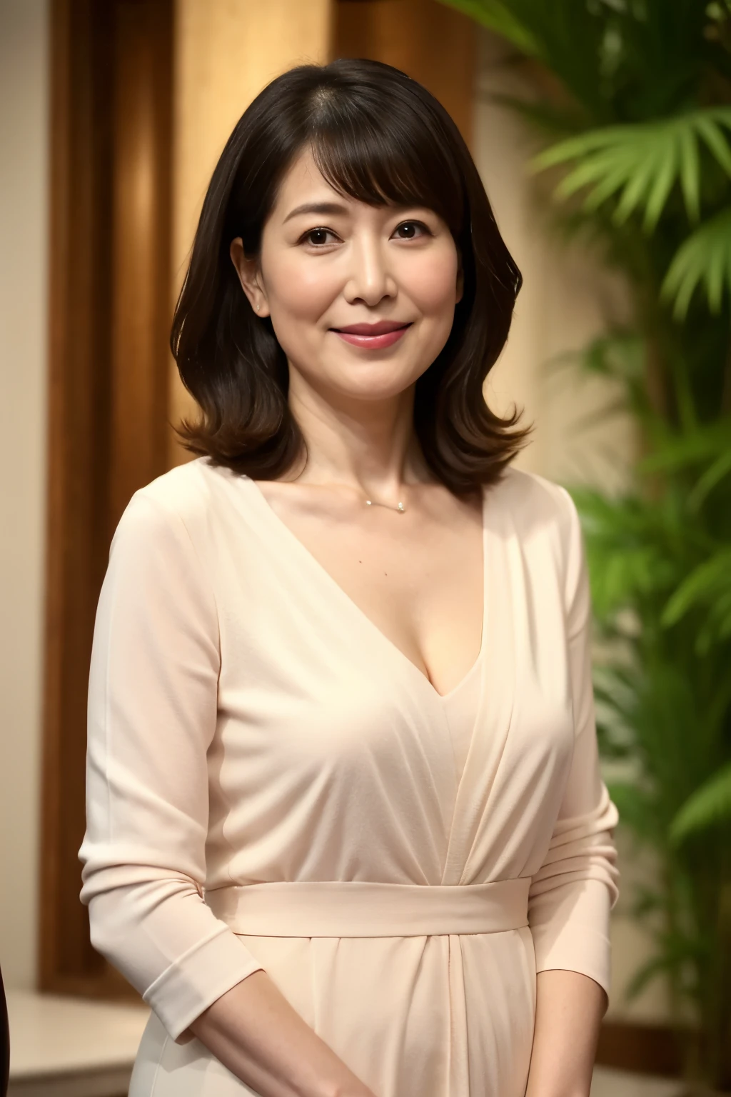 highest quality, masterpiece, High resolution, Realistic, RAW Photos, 8k wallpaper, perfection, ((One beautiful woman)), 50 years old, Sexy Woman, Plump Mature Woman, Cleavage, ((Looking into the camera)), Detailed face, Beautiful Eyes, ((look forward to)), (Stand upright), garden, whole body, (Beautiful thighs), High heels, bangs, Shapely breasts, Straight hair, Medium long wavy hair, Plump and glossy lips,