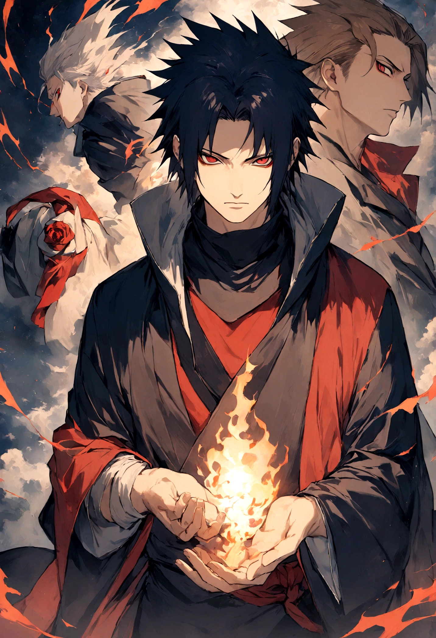 1 boy, Men's Center, sasuke uchiha,naruto, masterpiece, highest quality, so beautiful,、cool、、strongest、Evil Aura、Ninja、Blue light,Eyes glow red、Sharingan、Indra、Devil incarnation