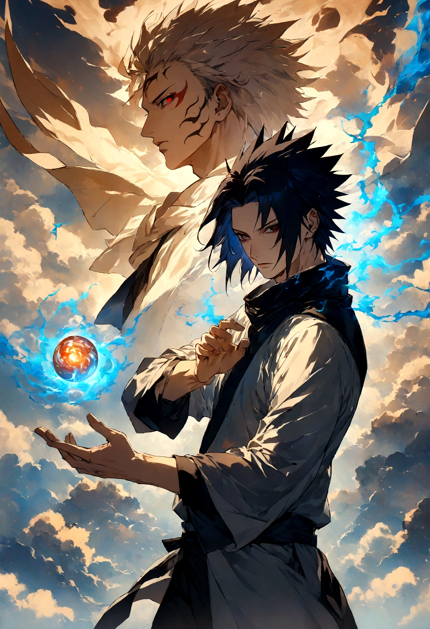1 boy, Men's Center, sasuke uchiha,naruto, masterpiece, highest quality, so beautiful,、cool、、strongest、Evil Aura、Ninja、Blue light,Eyes glow red、Sharingan、Indra、Devil incarnation