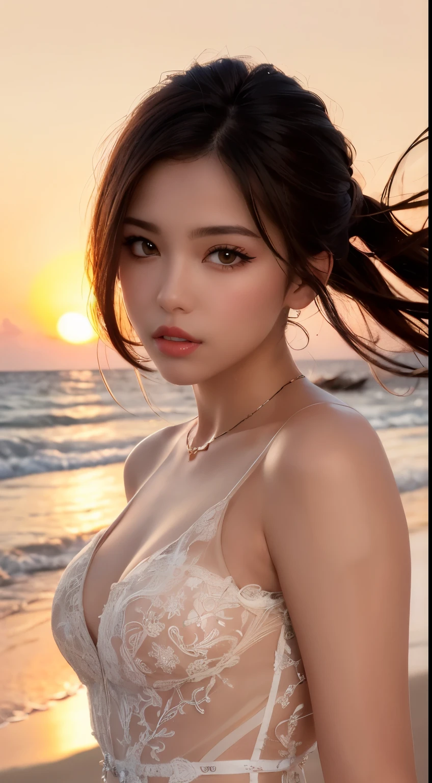 Mustepiece, top quality, illustration, ultra-definition, fine details, high resolution, 8K wallpaper, perfect dynamic composition, beautiful detailed eyes, wearing a dress, natural color lips, beach, random cute pose, perfect and beautiful face , cute, sexy face, sunset, feminine face