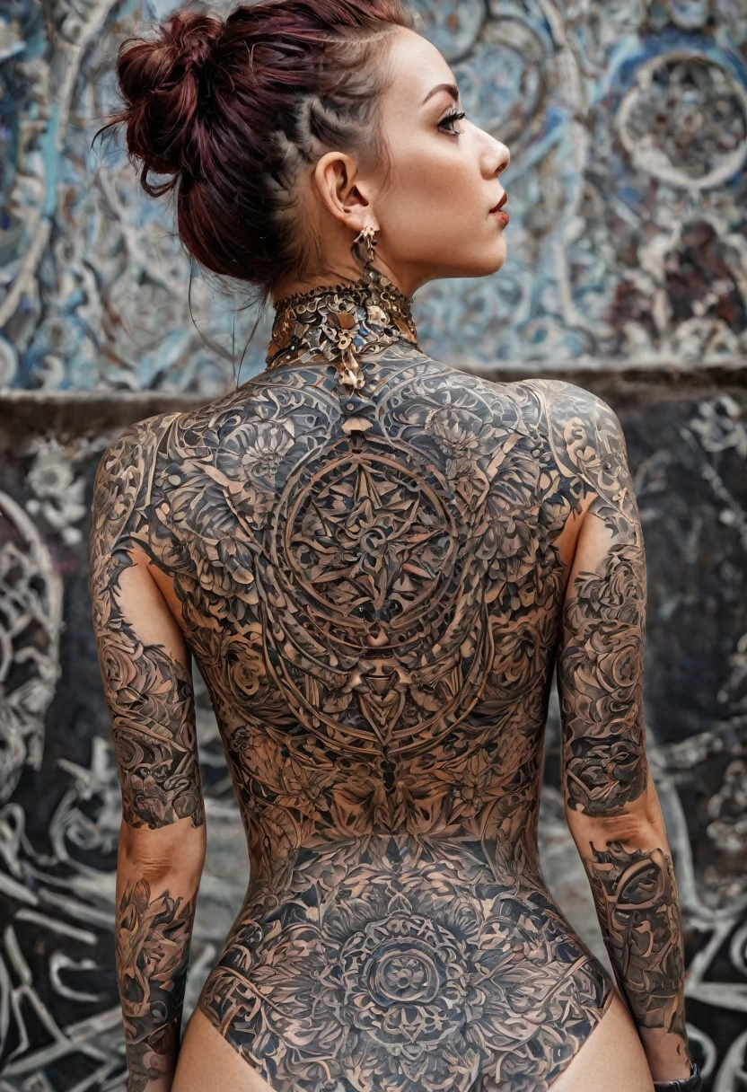 neck Tattoo, upbody, backview, from above, detailed background, by Anton Fadeev, best quality, masterpiece, very aesthetic, perfect composition, intricate details, ultra-detailed