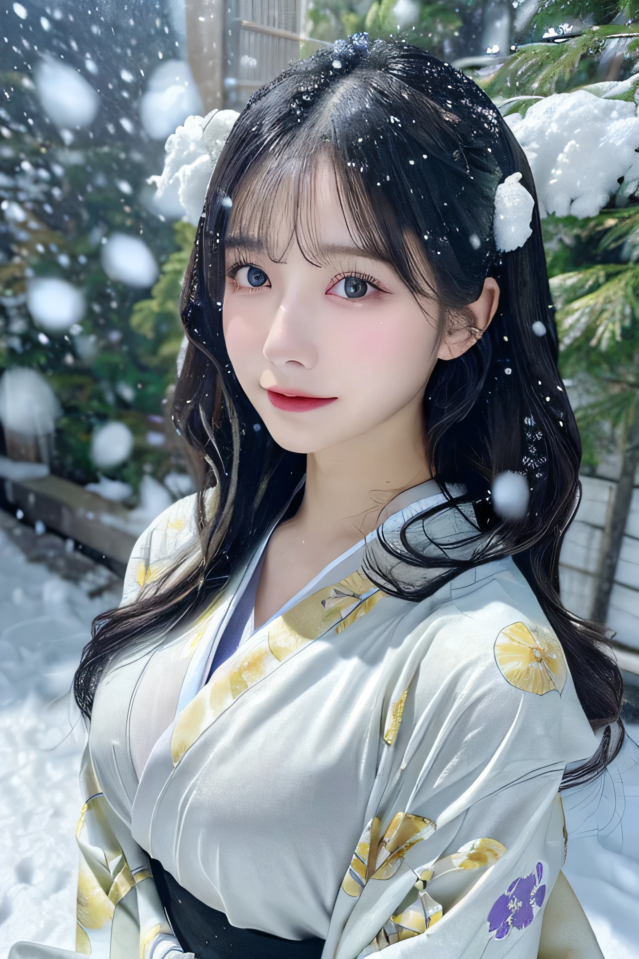 (Kimono)、、(top-quality,​masterpiece:1.3,超A high resolution,),(ultra-detailliert,Caustics),(Photorealsitic:1.4,RAW shooting,)Ultra-realistic capture,A highly detailed,high-definition16Kfor human skin、 Skin texture is natural、、The skin looks healthy with an even tone、 Use natural light and color,One Woman,japanes,,kawaii,A dark-haired,Middle hair,(depth of fields、chromatic abberation、、Wide range of lighting、Natural Shading、)、、(Falling snow:1.3)、(Hair swaying in the wind:1.3)、(Snow reflects light:1.3)  、(Large Breasts:1.3)、