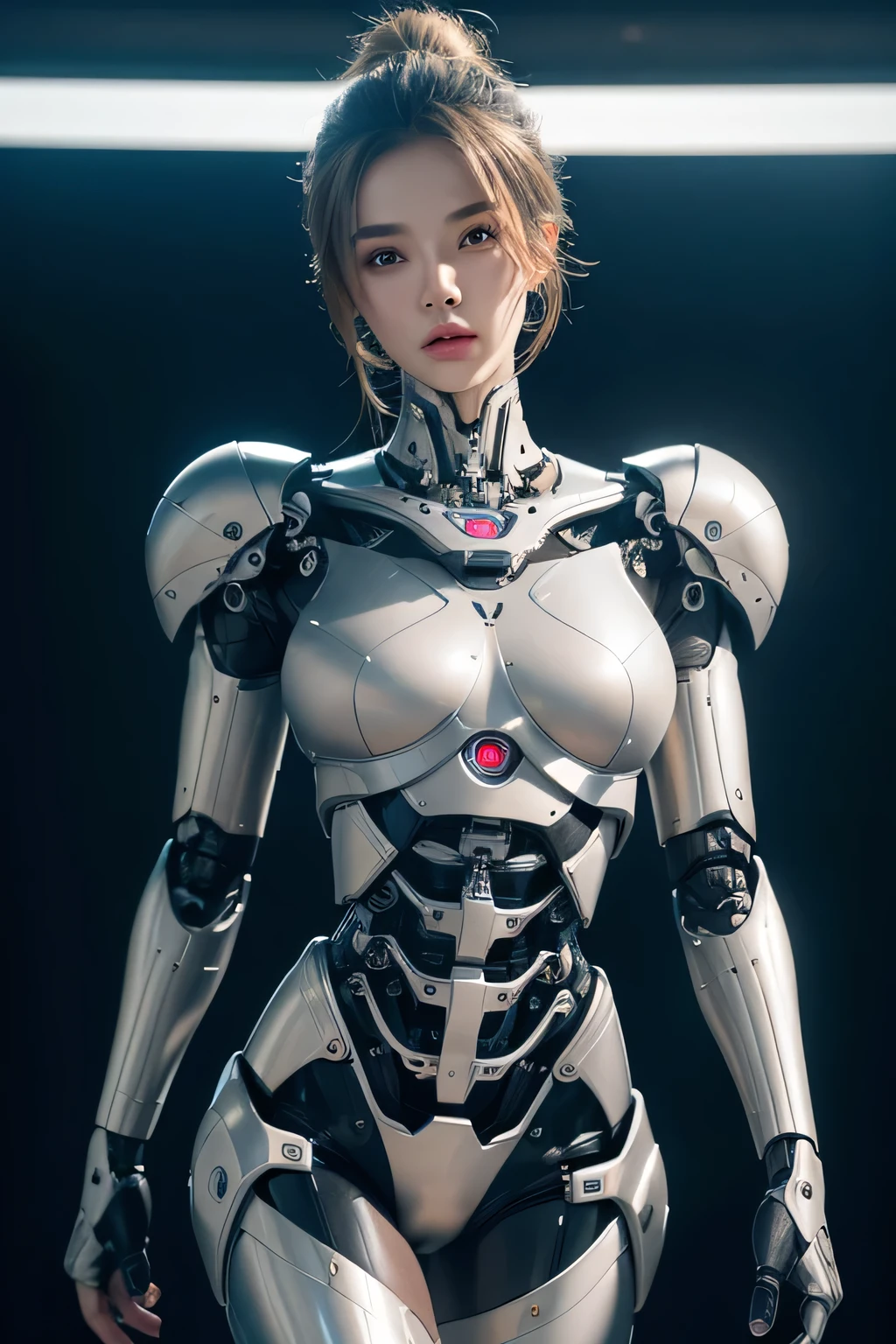 A man who has been transformed into a female robot　Mechanical and feminine body　Somehow masculine behavior　The background is the laboratory, UHD, retina, masterpiece, accurate, anatomically correct, textured skin, super detail, high details, high quality, award winning, best quality, highres