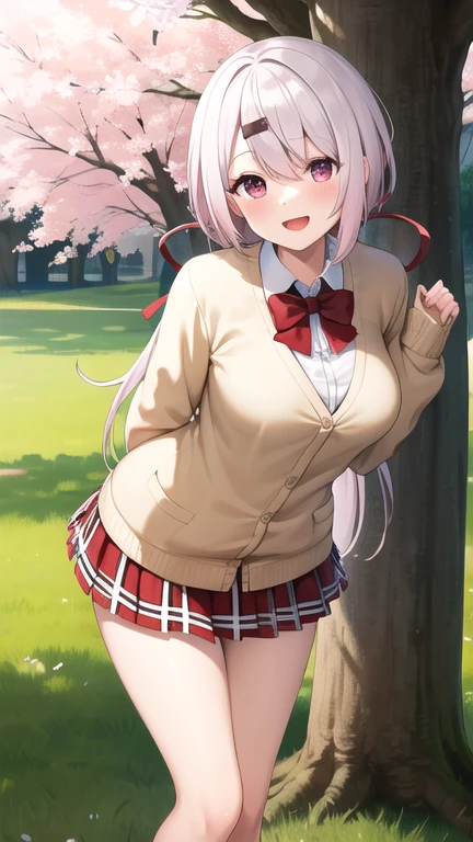 masterpiece, best quality, highres, Shiina Yuika, vey long hair, gradient hair, pink hair, white hair, low ponytail, hair ribbon, hairclip, red bow, brown cardigan, long sleeves, sleeves past wrists, pleated skirt, red skirt, plaid skirt, , arms behind back, standing, leaning forward, smile, open mouth, outdoors, cherry blossoms,